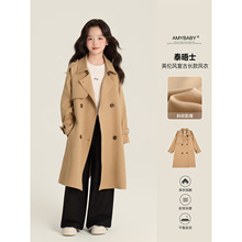 Amybaby女童外套秋季2025新款复古中长款保暖气质大衣风衣外套