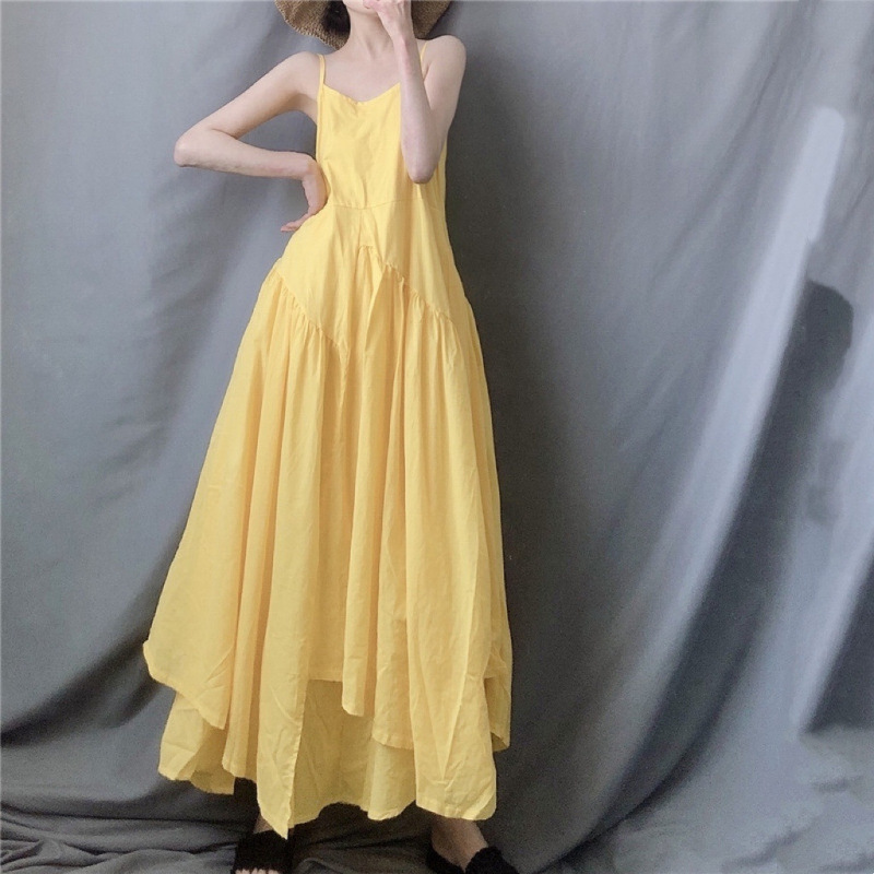 Lemon Yellow Extra Long Asymmetrical Large Hem Suspender Dress, Artistic and Fresh Spring and Summer Style Elegant Long Skirt
