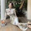 Lace printed patchwork cheongsam with buttocks and fishtail long skirt