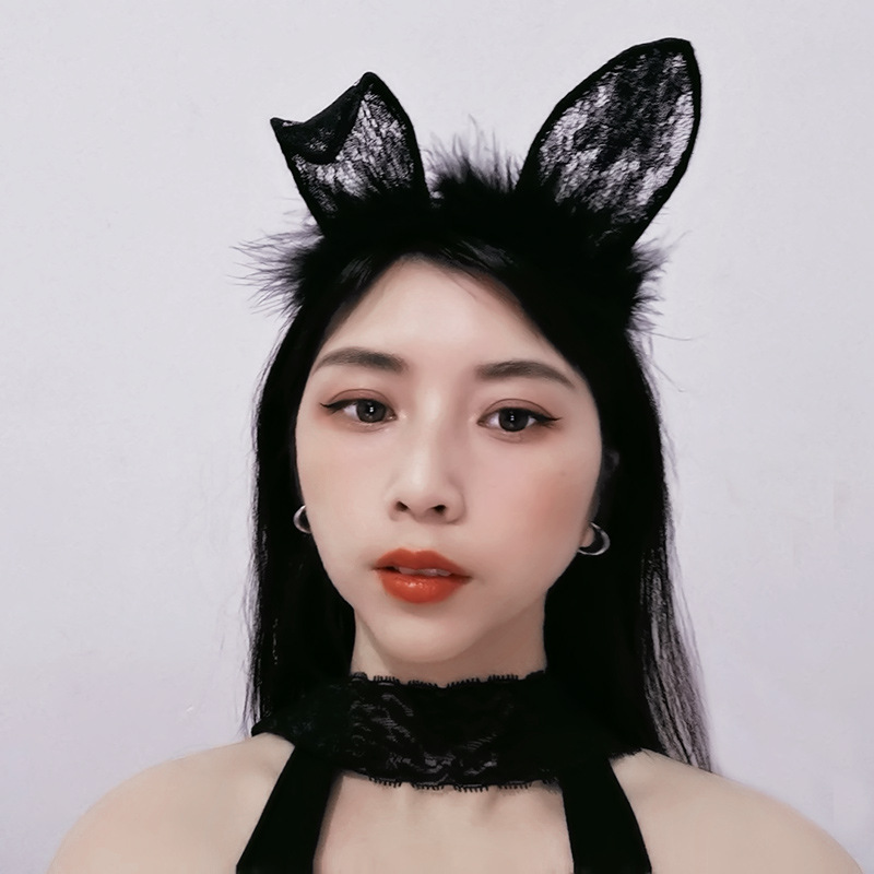 Bunny Ear Headband with Lace Eye Mask, Black Plush Costume Accessory Set — detail image 3