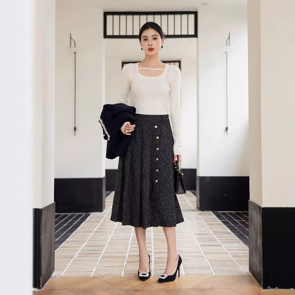 恩迪格雷系灰色百褶裙秋季新款职业通勤百搭显瘦A字半身裙中长款