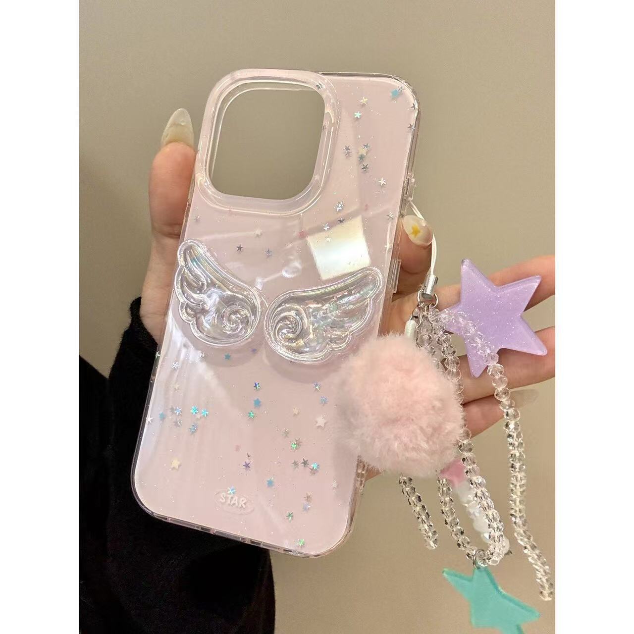 Foundation Laser Star Small Wings Plush Ball Pendant Iphone16Promax Apple 15Pro Mobile Phone Case 14