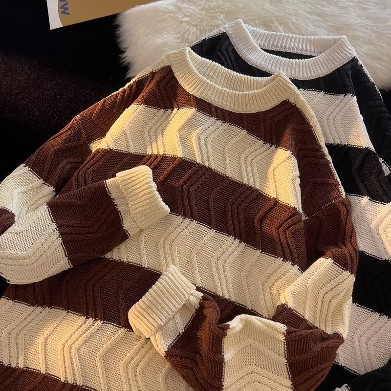 Herren Strickpullover Gestreift Retro Rundhals College Stil_voghion.com