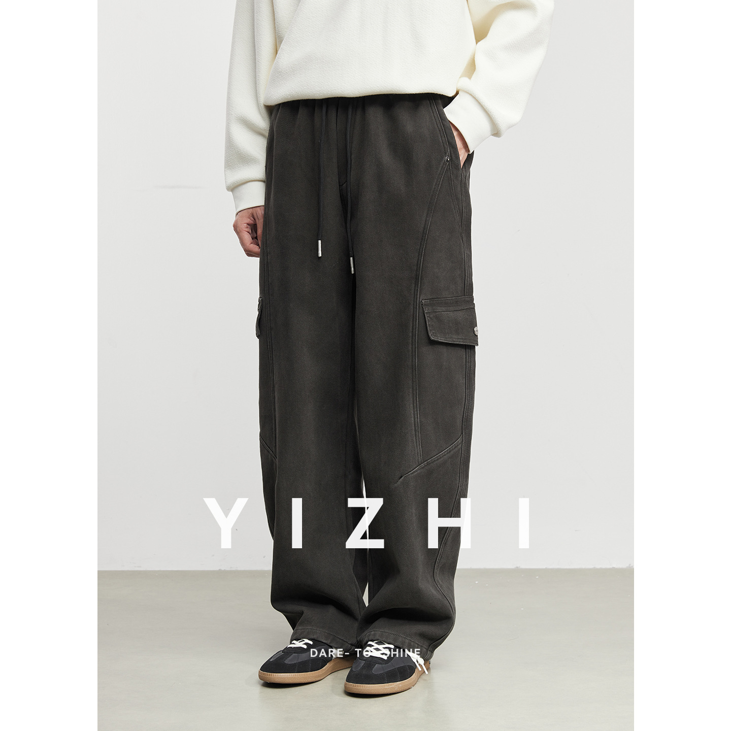 亦止『素韵』加绒弯刀牛仔裤工装裤男秋冬季新款宽松阔腿保暖裤子