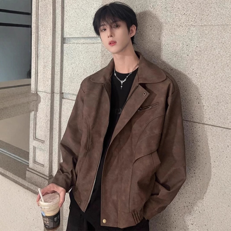 American Retro Loose Leather Jacket Men's Coat Design Sense Autumn Fashionable Leather Jacket Men's and Women's Waterproof Fashion Biker Suit