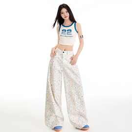现货批夏日系白色印花涂鸦牛仔裤女高个子加长高腰显瘦直筒拖