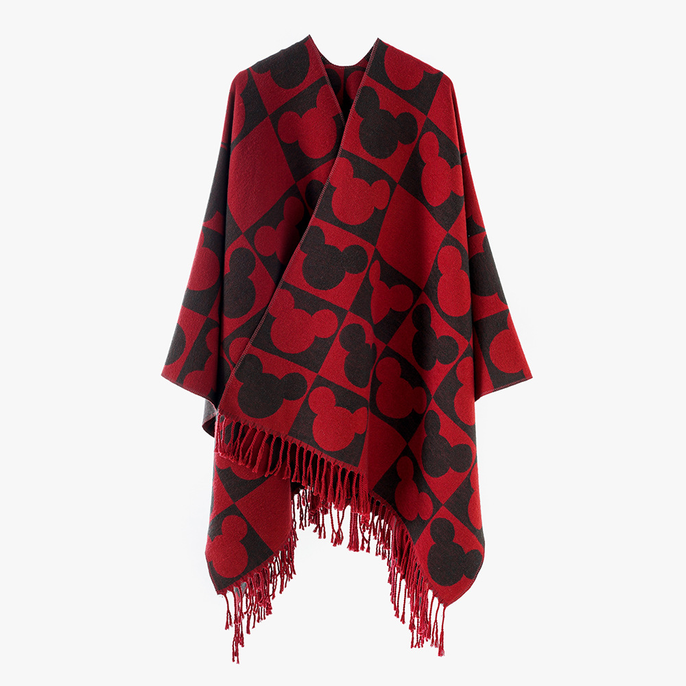 Hilo hilado con núcleo Mickey Mouse Patrón Bufanda Mujer Invierno Versión coreana de alta gama Chal de borlas de estilo occidental Capa gruesa y cálida