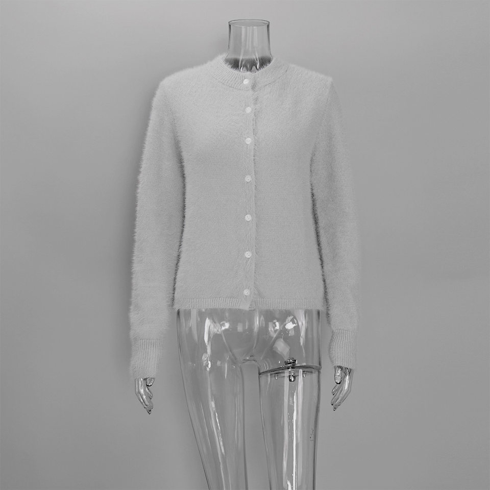 Áo khoác cardigan len nữ dáng ôm cổ tròn tay dài một hàng cúc chất liệu lông mềm mại — Màu hồng, Màu trắng, Màu xám nhạt, Xanh đậm chi tiết 40