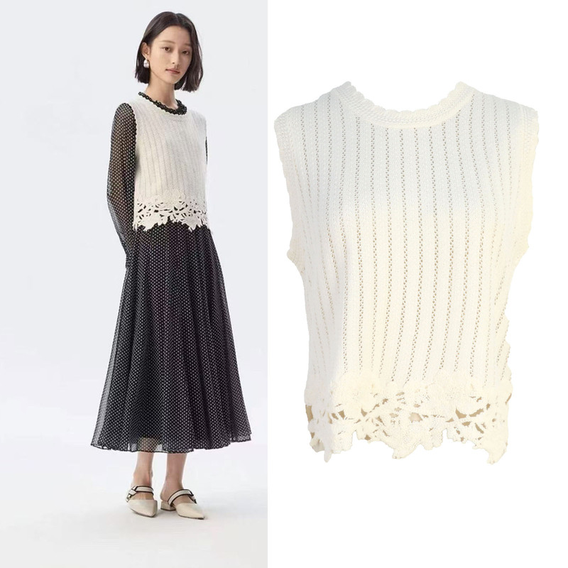 韓国版の女性用スリムフィットショートノースリーブプルオーバーボトリングシャツ春と夏の新しいスタイルのダメージエッジ中空ラウンドネックニットベストトップ|undefined