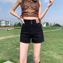 黑色弹力牛仔短裤女夏季小个子高腰双扣设计宽松显瘦百搭阔腿热裤