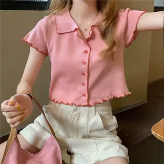 夏季2023新款韩版复古Polo领短款针织衫女修身外搭小开衫短袖上衣