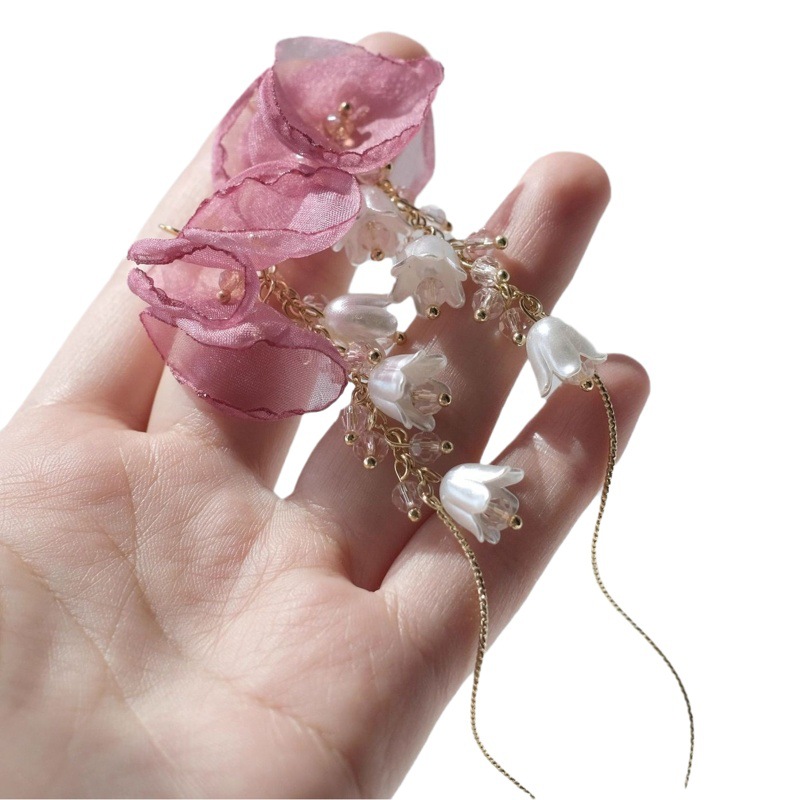 Exaggerated Rose-Red Silk Flower Earrings for Women, Lily of the Valley Tassel, Super Fairy-Like Long Style, Sweet and Cute Earrings, Ear Studs, Ear Clips