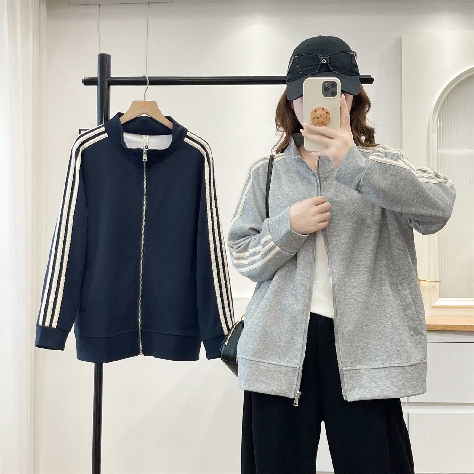 2026 Autumn Plus Size Baseball Jacket Long Sleeve Striped Coat for Women, Fashionable Slimming Cardigan for Plus Size Girls, Casual Shirt 2652