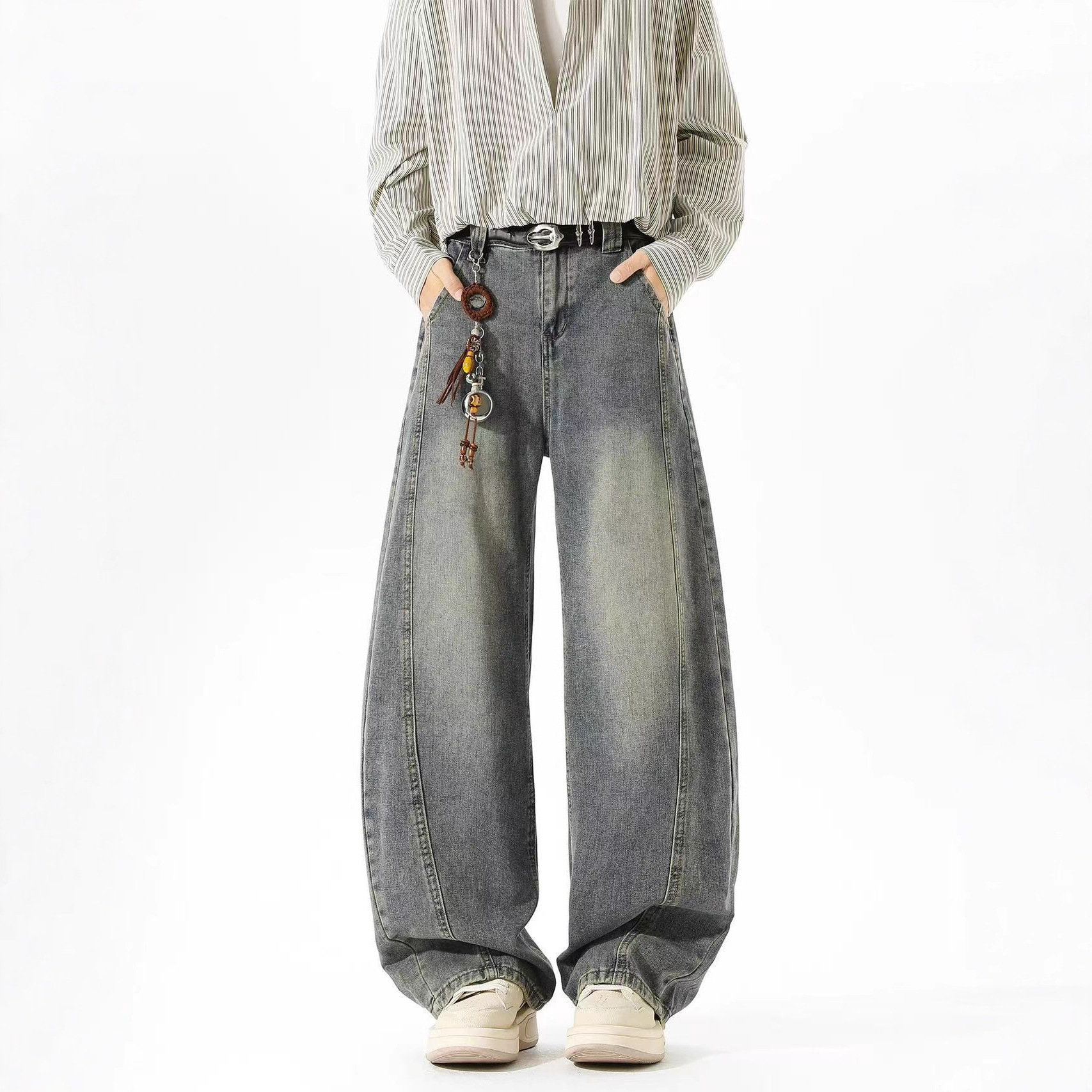 新款跨境 美式复古水洗解构弯刀牛仔长裤男女潮牌阔腿baggy镰刀裤