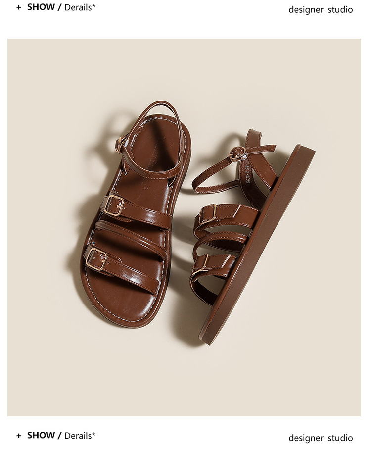 Women's Roman Style Flat Sandals Single Strap with Buckle Fashionable Soft Sole Thin Strap Summer Beach Sandals_vogvips.com