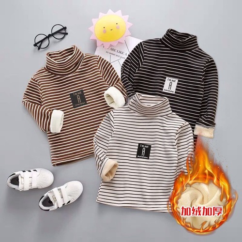 Children's fleece-lined thickened half-collar mid-size children's autumn and winter warm top long-sleeved unisex baby underwear base shirt