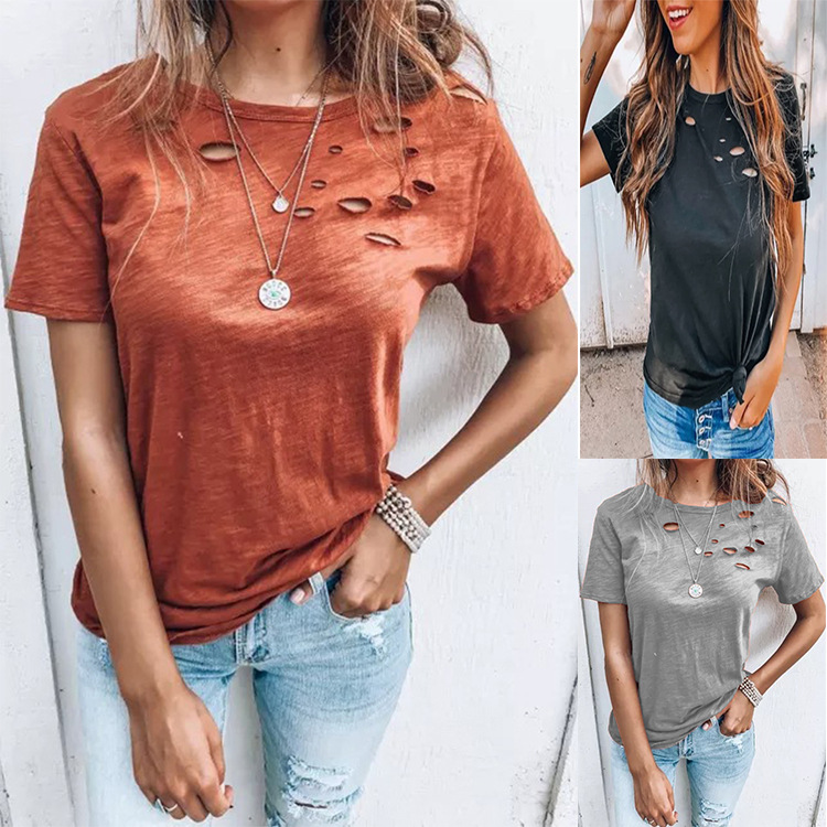 Women Loose Ripped Hole T-Shirt Summer Casual Black