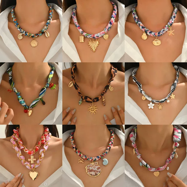 Foreign Trade Cross-Border Ancient Exaggerated Necklace Personalized Creative Silk Scarf Leopard Print Twist Knot Ceramic Glass Heart Clavicle Chain