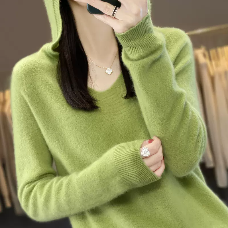 一线成衣秋冬新款连帽100%纯羊毛衫女针织衫宽松打底衫羊绒毛衣