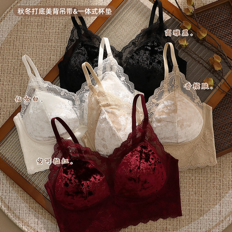 French pure gold velvet beautiful back lingerie integrated cup suspender underwear fixed cup breast wrap lace beautiful back bra