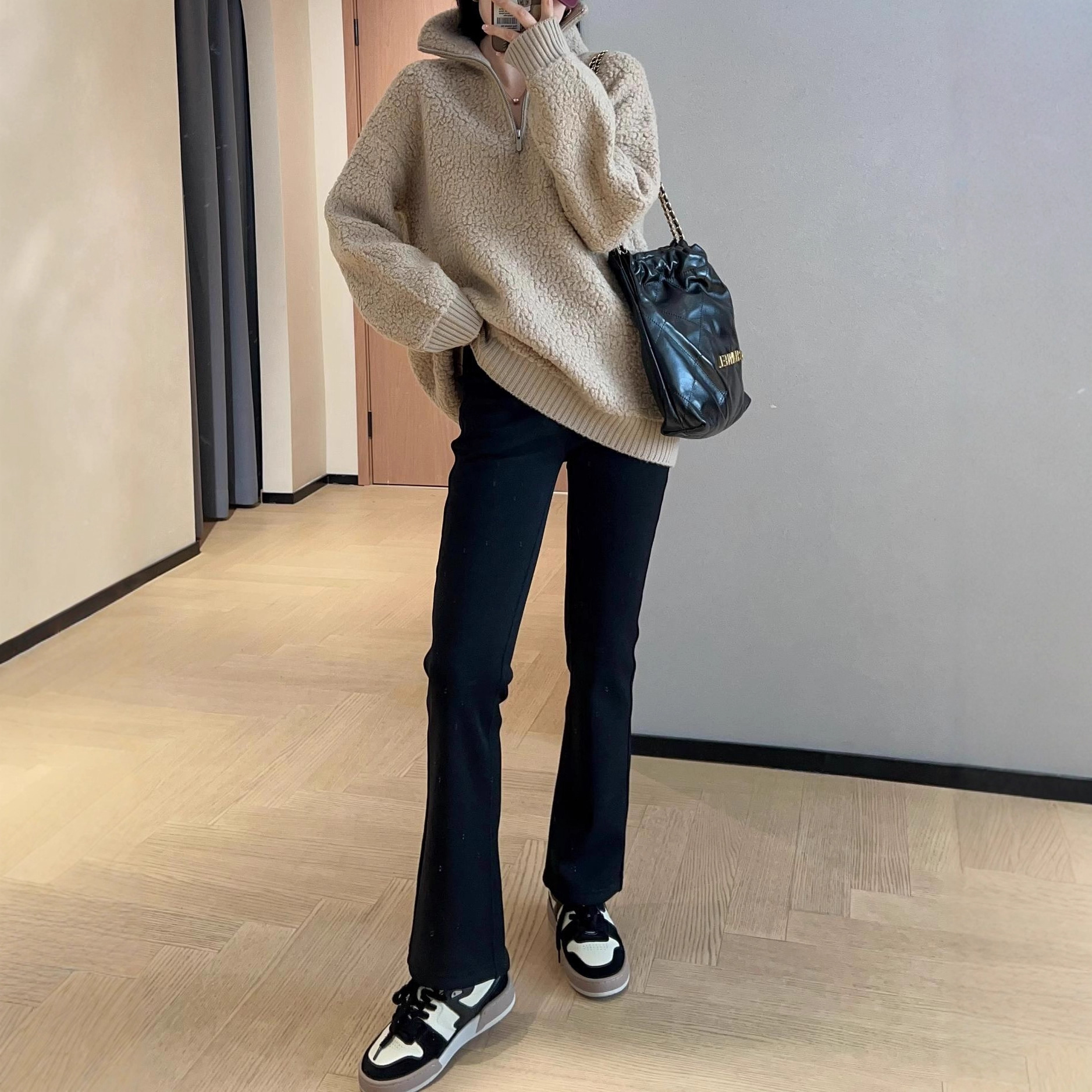 Bamboo Leg Magic Pants 360 Stretch Fleece Thickened High Waist Flared Black Pants for Petite Women Autumn Winter G102808