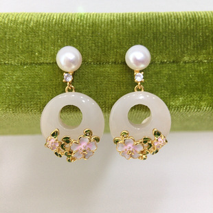 New Chinese Natural Freshwater Pearl Earrings Women's Hanfu National Style Chalcedony Rose Flower Earrings S925 Sterling Silver Needle Wholesale