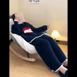 甜美少女可爱苹果小狗半边绒睡衣女秋冬季加厚保暖休闲家居服套装