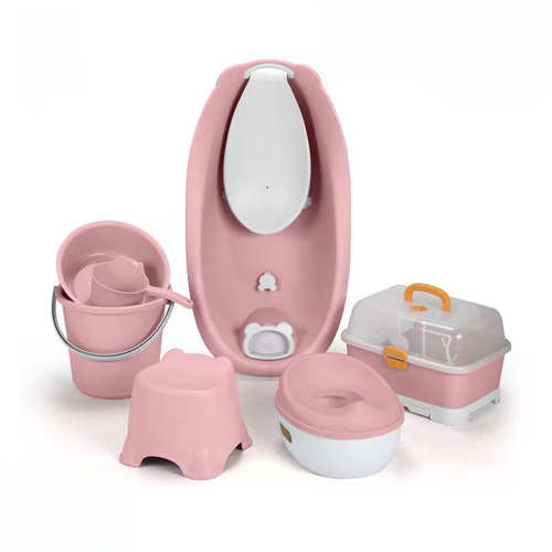 Baby bathtub set, consisting of bathtub, milk bottle storage box, water bucket, children's convenient push cart, potty storage cabinet, eight-piece set