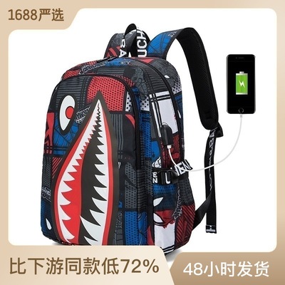 跨境新款小学生儿童时尚书包鲨鱼个性图案印花轻便休闲包简约背包
