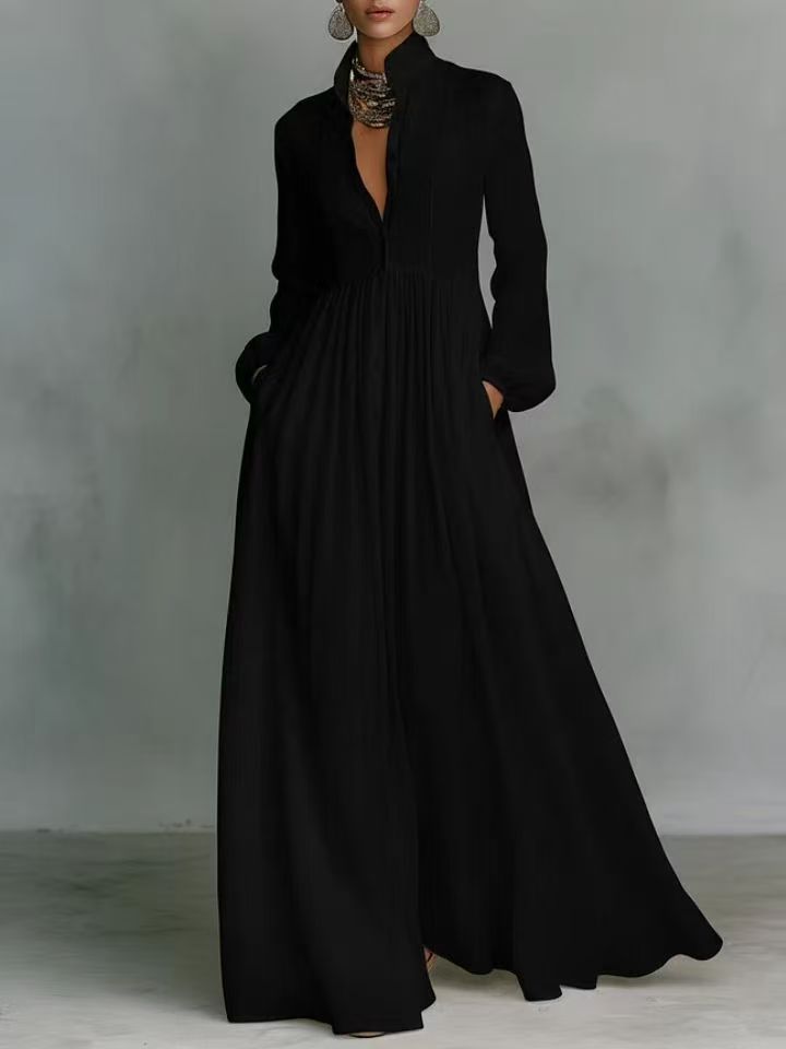 Women's Long Sleeved Pleated Dress Waist Cinching Slimming French Elegant Retro Casual Vacation_ecoleips.com