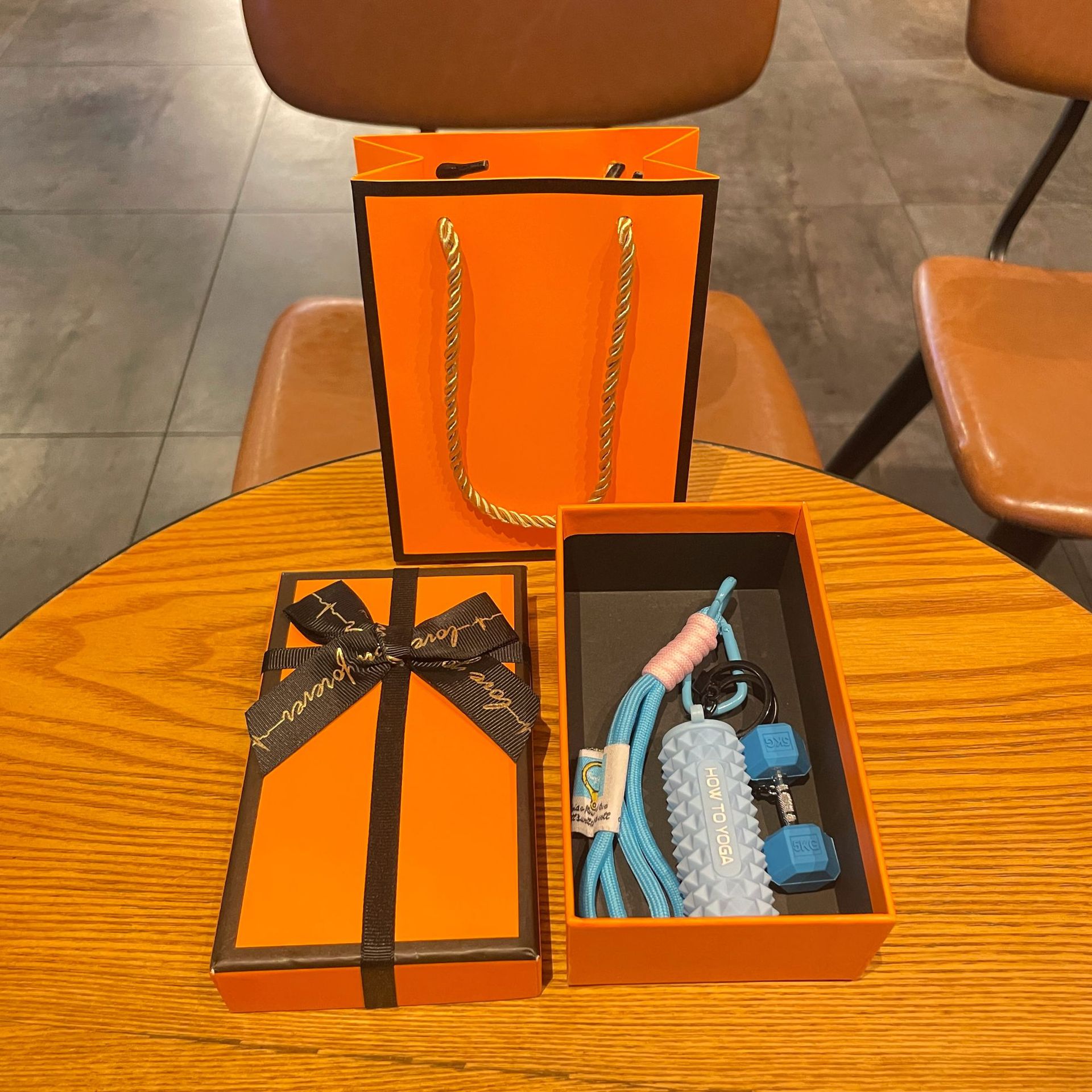 Blue set for yoga from foam, orange gift box