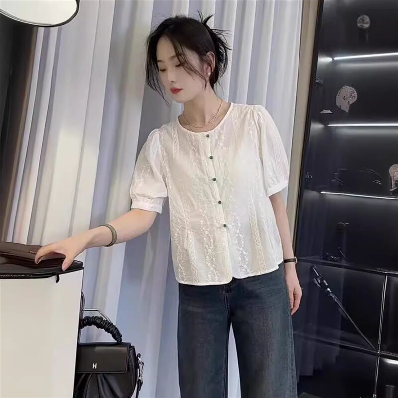 女性の半袖刺繍シャツ 2025 夏の新しい気質フレンチファッションデザイン気質中国風のシャツトップ|undefined