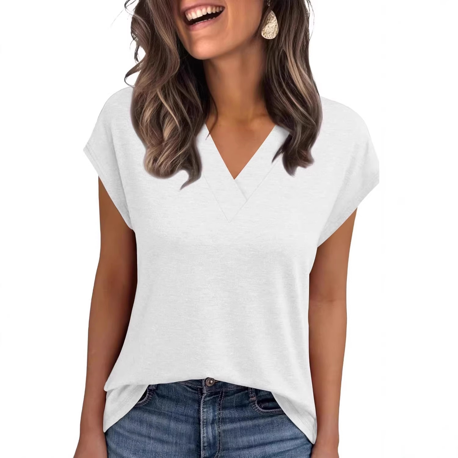2026 Women Summer Casual V Neck Cap Sleeve Basic Tops_ecoleips.com