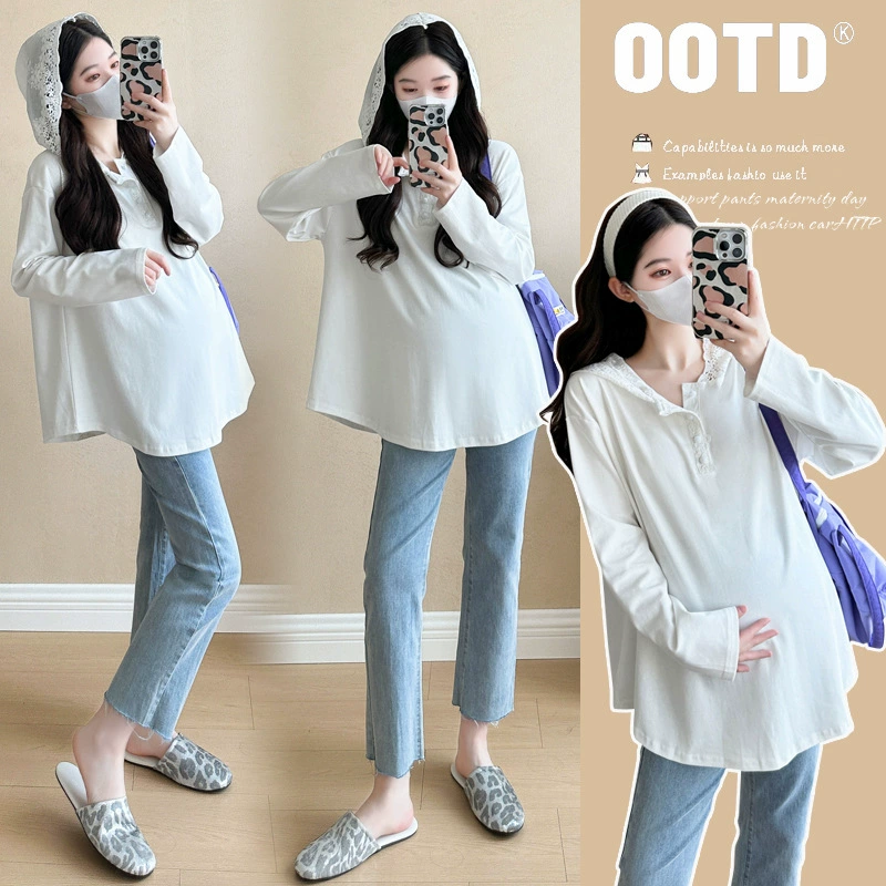 Топ для беременных 2025 новая корейская мода беременная мама свободная сладкая кружевная сшитая футболка с длинными рукавами