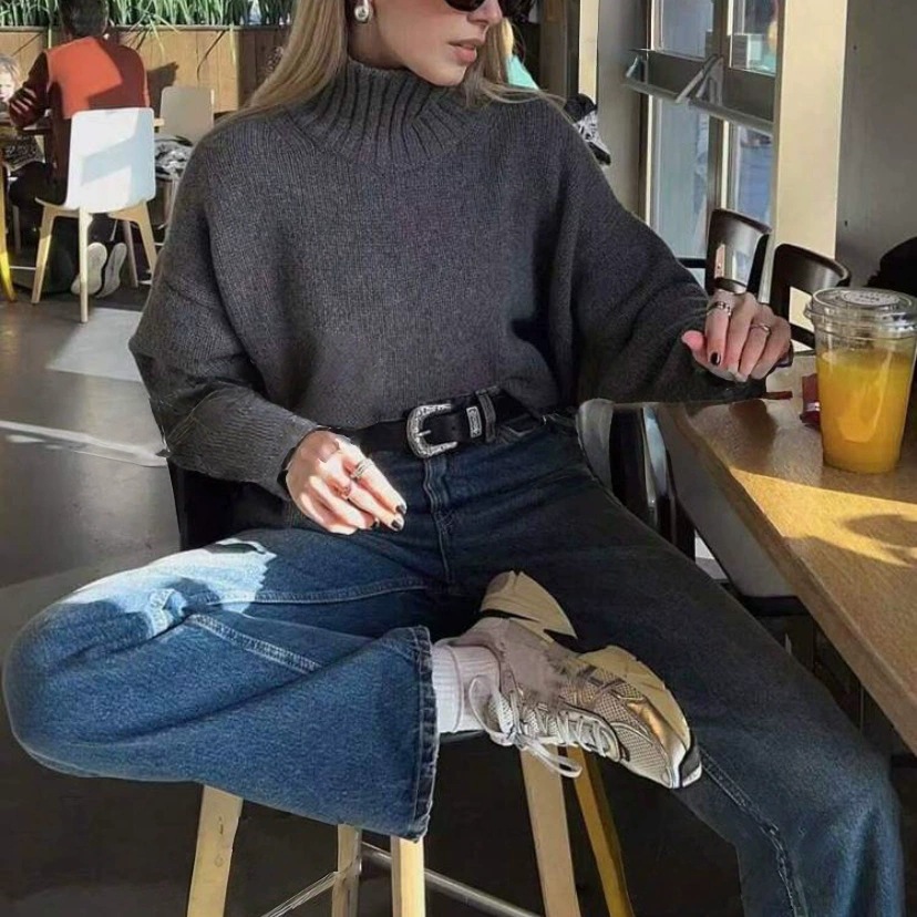 Classic Women's Half-high Neck Sweater Soft Knitted Pullover_voghion.com