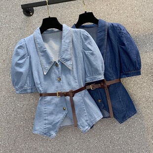 * Real shot * plus size women's summer new short-sleeved slimming plump sister online popular temperament short Denim top shirt