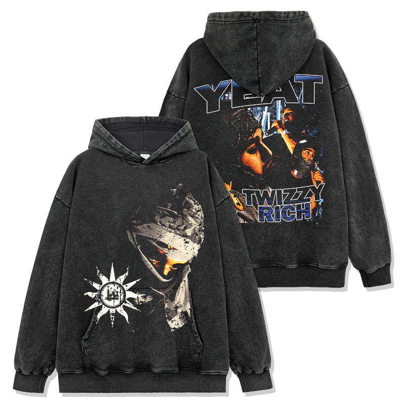 Cross-border American retro Yeat Yeat double-sided printed wash short-sleeved T-shirt casual round neck loose hooded sweatshirt