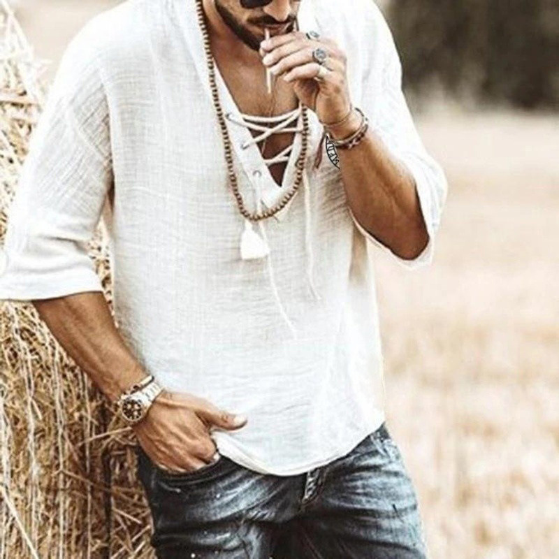 2025 European and American New Wish Amazon Popular Men's Chest Lace-Up Pure Color Mid-Sleeve Large V Neck T-Shirt Shirt