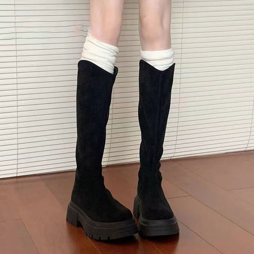 New thick-soled, high-top, wide-leg, figure-flattering, neo-Chinese velvet stretch boots—women’s long equestrian boots.