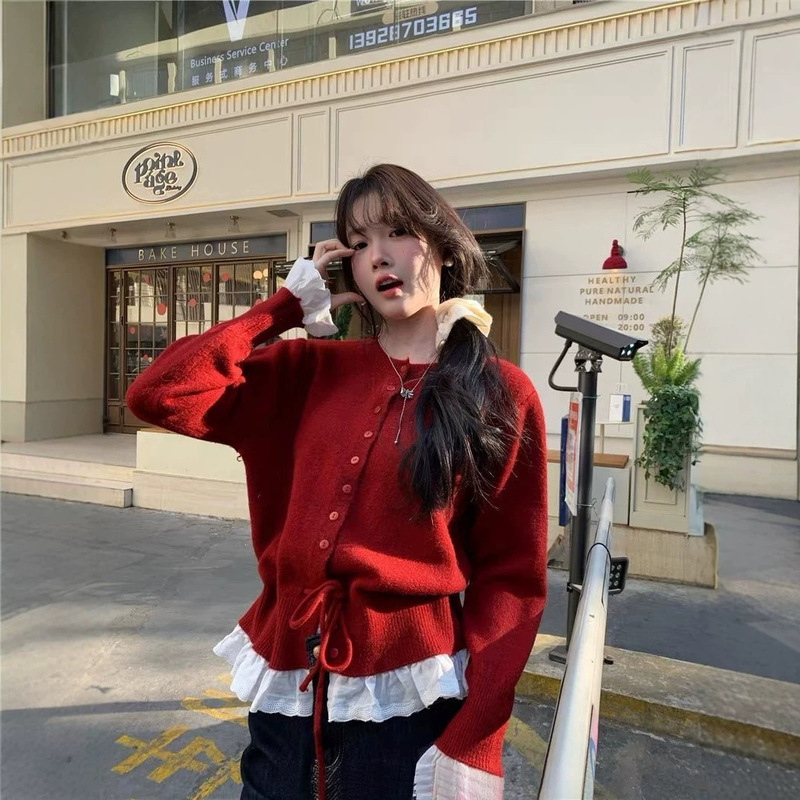 Youshi lace-trimmed red sweater with tie waist, loose-fitting autumn and winter knitted cardigan, short sweater for women, off-white