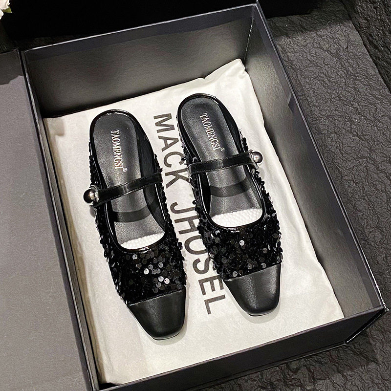 Dép mule sandal nữ bít mũi vuông quai ngang đính sequin lấp lánh, gót thấp 1–3 cm — Màu bạc, Màu đen