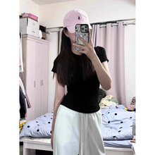 奕佳晟 发财宅女同款黑色正肩短袖T桖女紧身显瘦收腰纯欲打底上衣