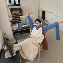 实拍 秋冬夹棉圆领背心连衣裙加厚保暖叠穿背心裙+立领蓝毛衣套装