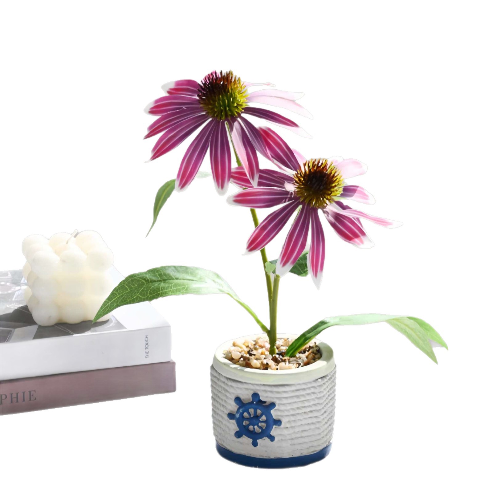Nuevo estilo transfronterizo de dos cabezas de equinácea pequeño bonsái decoración de estudio fotográfico de hogar creativo decoración de planta verde artificial simulación en maceta image 6