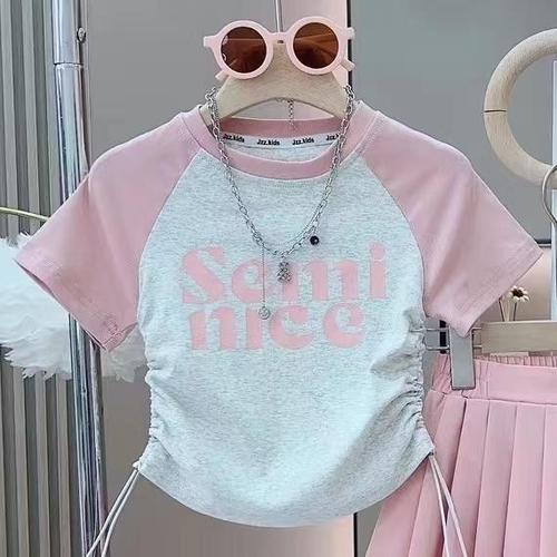 Set of 2 Girls' Han Style  Summer New Fashion Letter Short Sleeve Top and Pleated Skirt