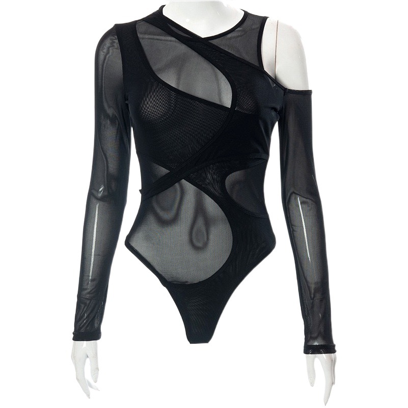 Ropa de verano europea y americana para mujer, body ajustado de malla transparente, top sexy con aberturas, estilo sensual y atrevido.