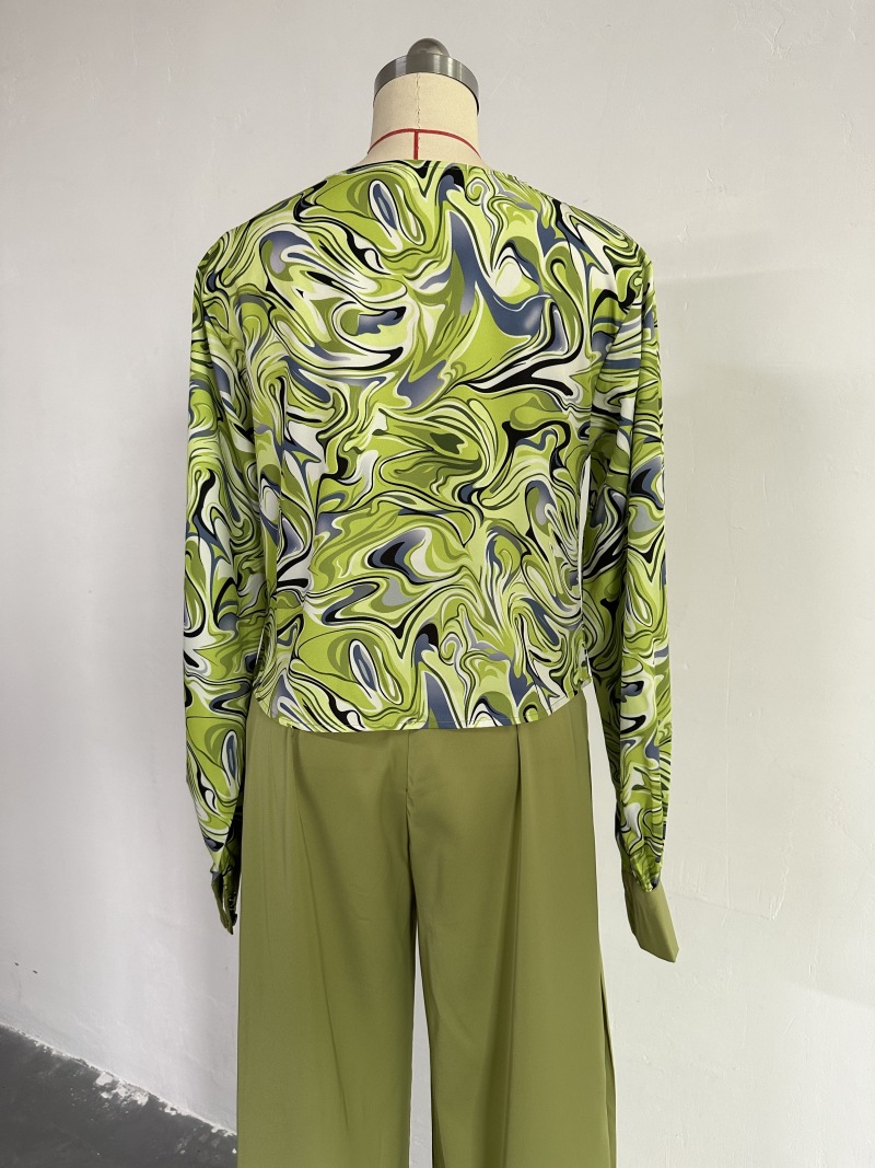 Women Clothing Spring Print Lantern Sleeve Shirt Wide Leg Work Pant Casual Suit