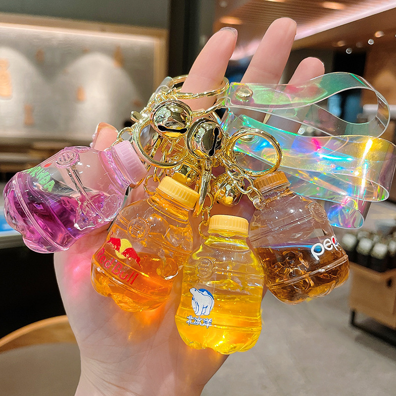 Creative acrylic oil-in Coke cup quicksand bottle keychain car key chain pendant bag pendant small gift