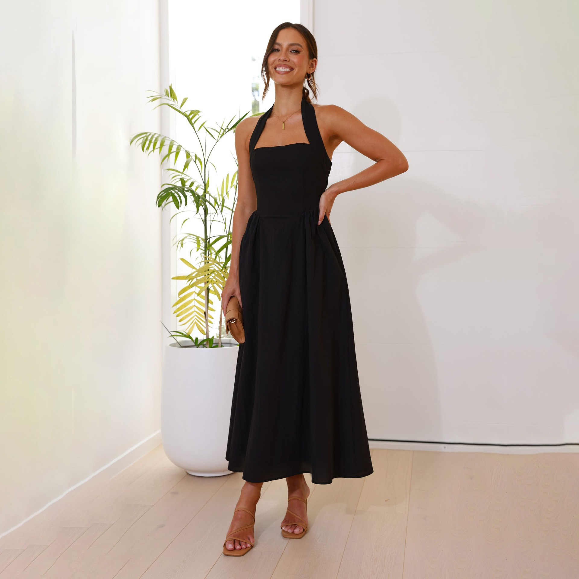 Comercio exterior Amazon Europa y Estados Unidos ropa de mujer transfronteriza 2025 nuevo temperamento de color sólido cuello cuadrado cintura colgante vestido de espalda abierta