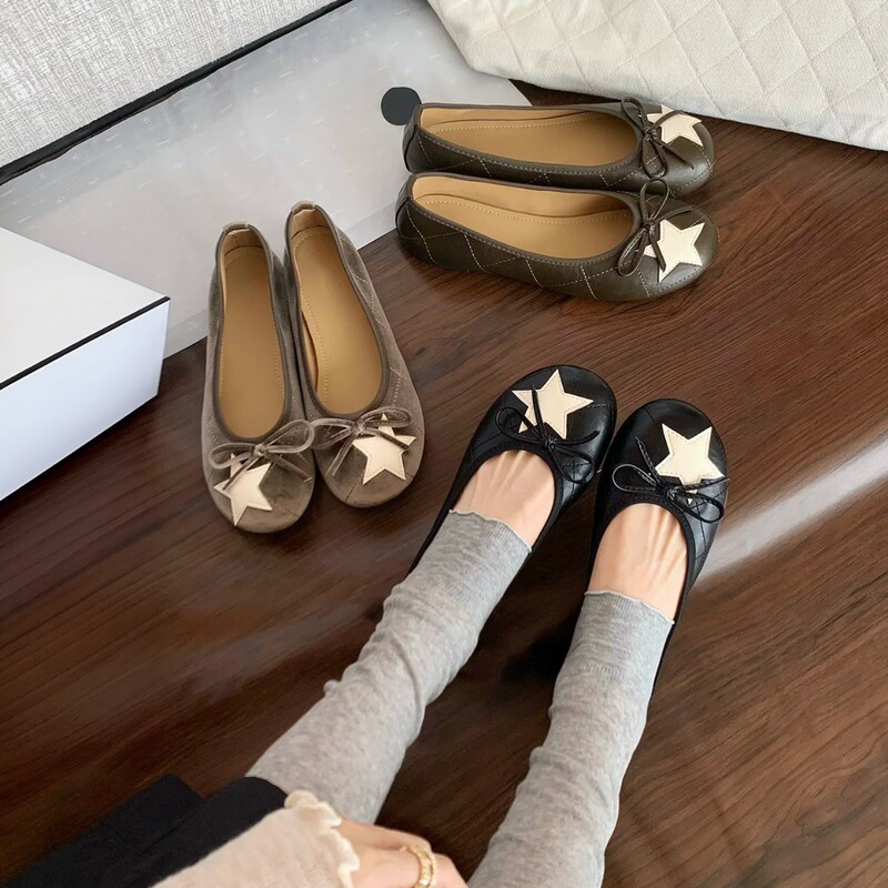 Soft leather version~Star ballet flats, age-reducing round-toe, shallow-cut, versatile casual shoes with a bow and suede low heel for women Soft leather version~Star ballet flats, age-reducing round-toe, shallow-cut, versatile casual shoes with a bow and suede low heel for women